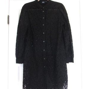 Gap Black Lace Dress, Long Sleeves, Sheer, Button Front, Size Medium